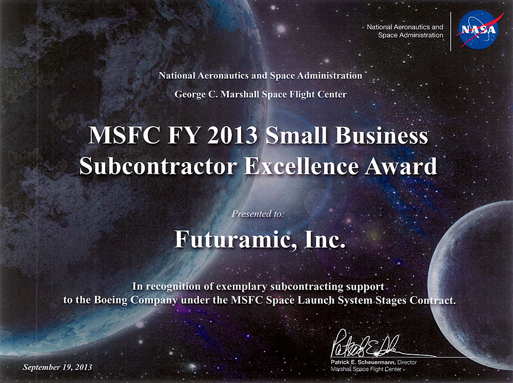 Featured image for “Futuramic Receives NASA’s 2013 Small Business Subcontractor Excellence Award”