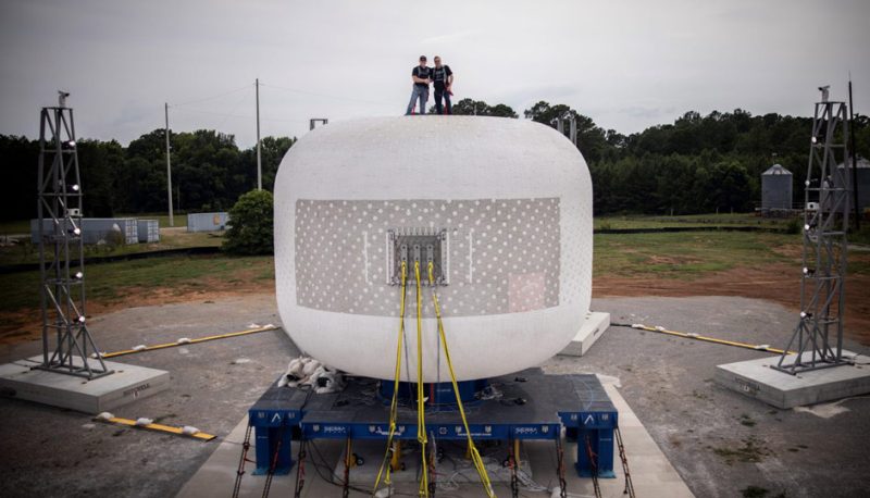 Sierra Space’s LIFE habitat on the test stand at NASA’s Marshall Space Flight Center ahead of a burst test.