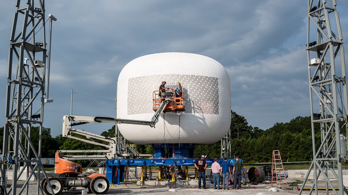 Sierra Space’s LIFE habitat on the test stand at NASA’s Marshall Space Flight Center ahead of a burst test.