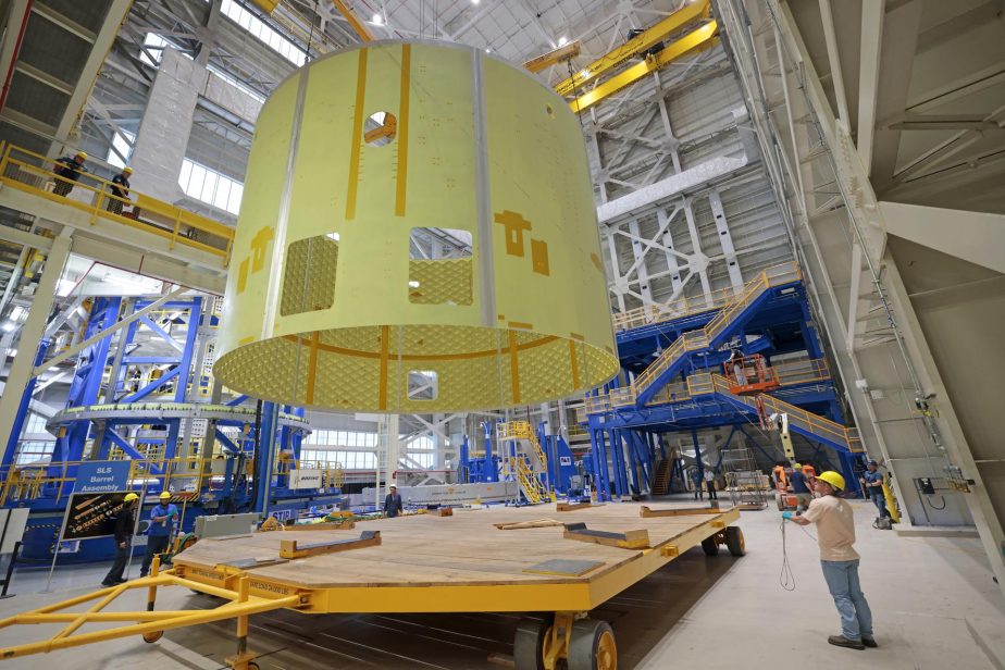 Technicians at NASA’s Michoud Assembly Facility move the engine section of NASA’s Space Launch System rocket for Artemis V on December 18, 2024, at NASA Michoud Assembly Facility in New Orleans, LA.