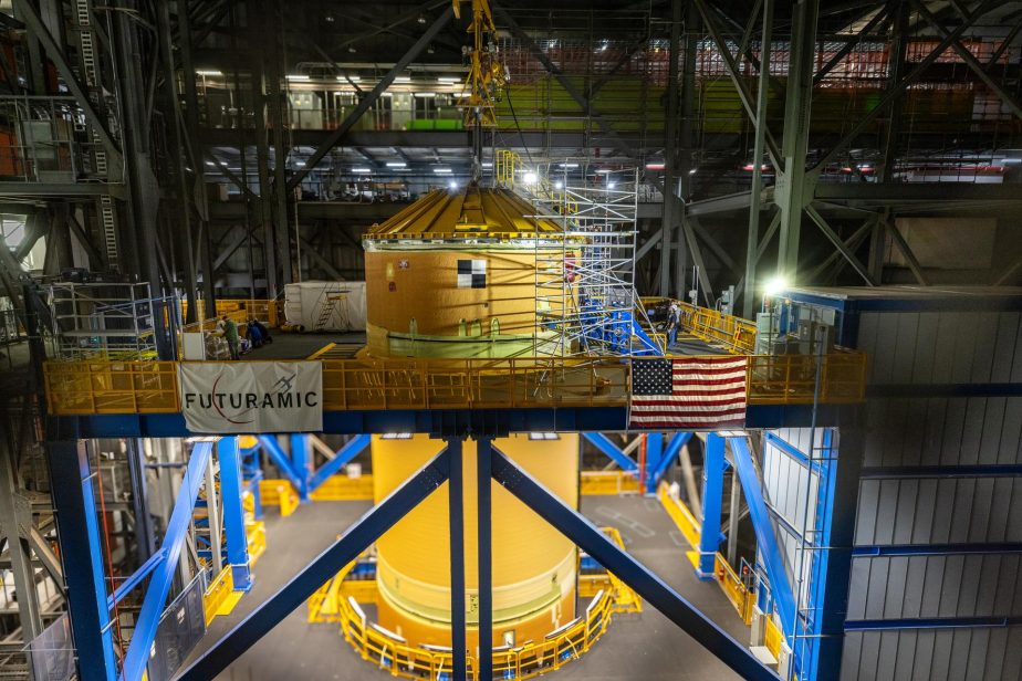 Technicians at NASA’s Kennedy Space Center in Florida complete operations of lifting and lowering the agency’s Artemis III SLS (Space Launch System) core stage into High Bay 2 in the Vehicle Assembly Building at NASA Kennedy on Monday, May 4, 2026.