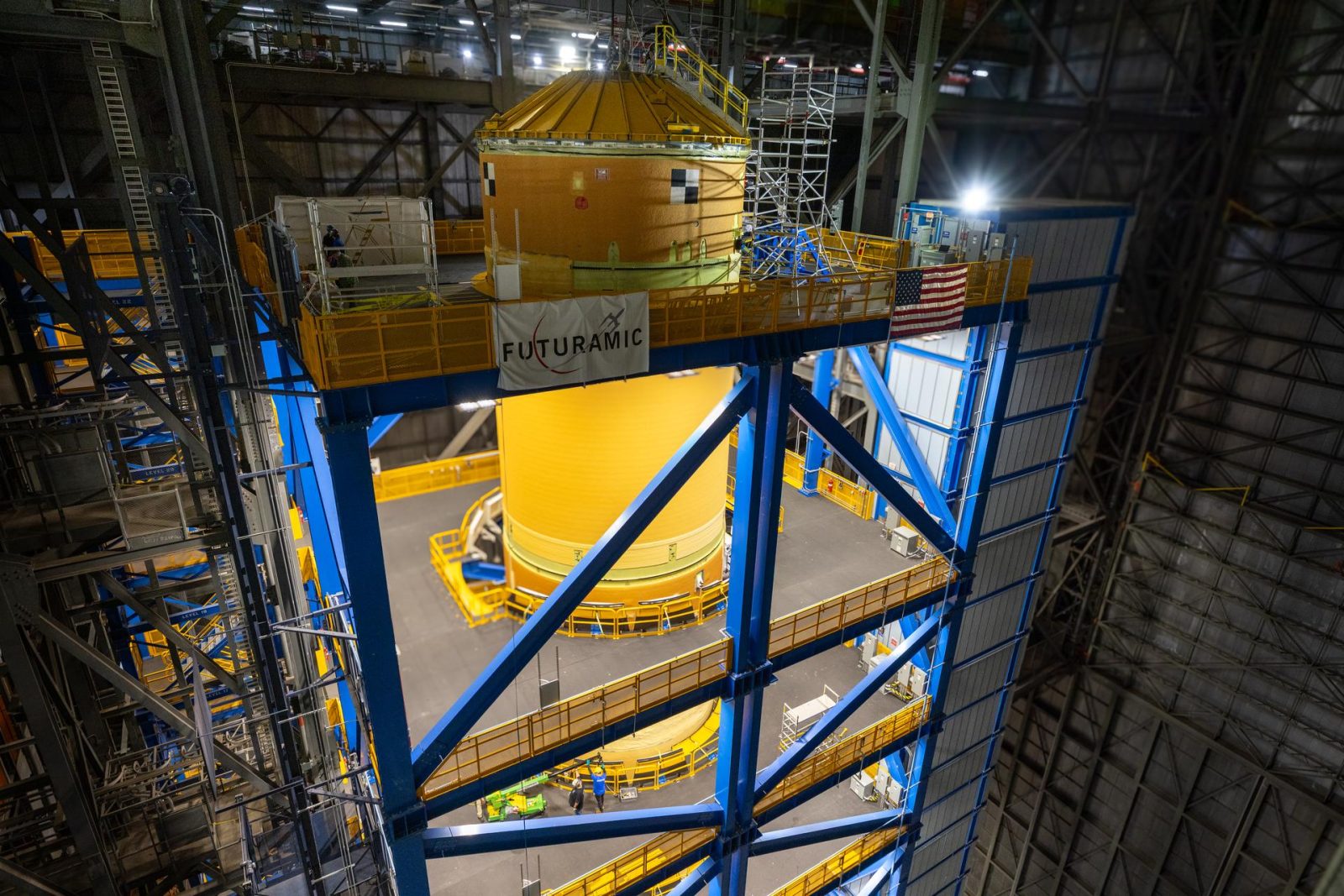 Technicians at NASA’s Kennedy Space Center in Florida complete operations of lifting and lowering the agency’s Artemis III SLS (Space Launch System) core stage into High Bay 2 in the Vehicle Assembly Building at NASA Kennedy on Monday, May 4, 2026.