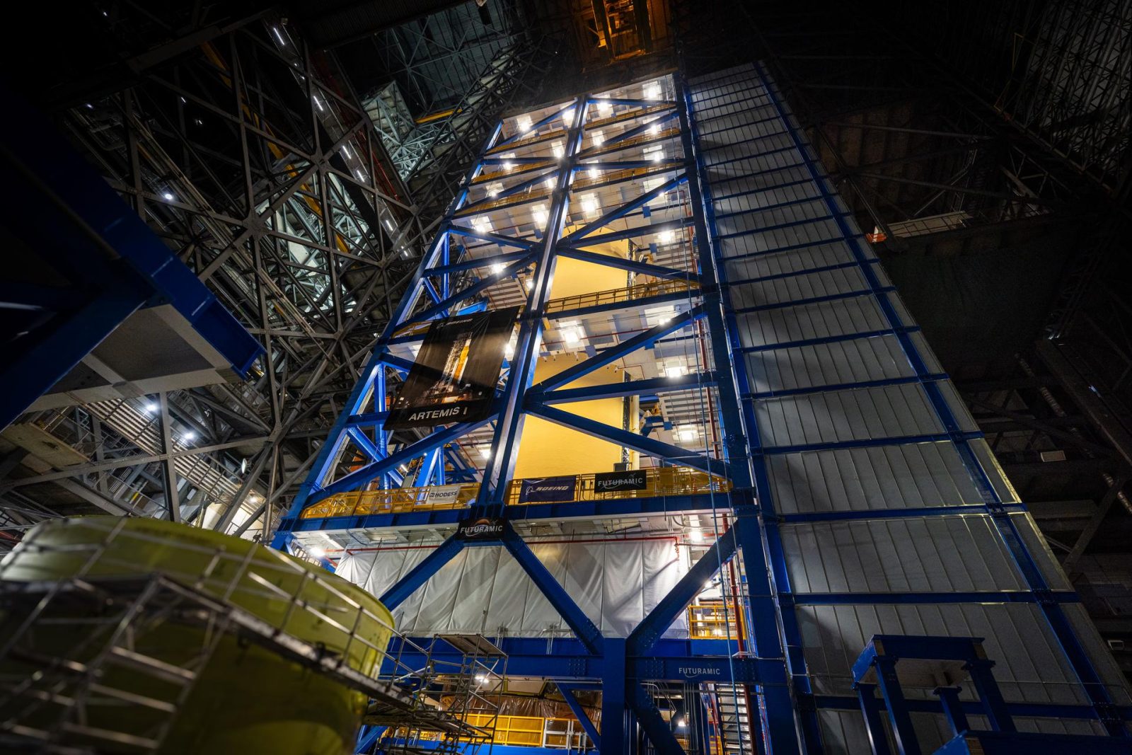 Technicians at NASA’s Kennedy Space Center in Florida complete operations of lifting and lowering the agency’s Artemis III SLS (Space Launch System) core stage into High Bay 2 in the Vehicle Assembly Building at NASA Kennedy on Monday, May 4, 2026.