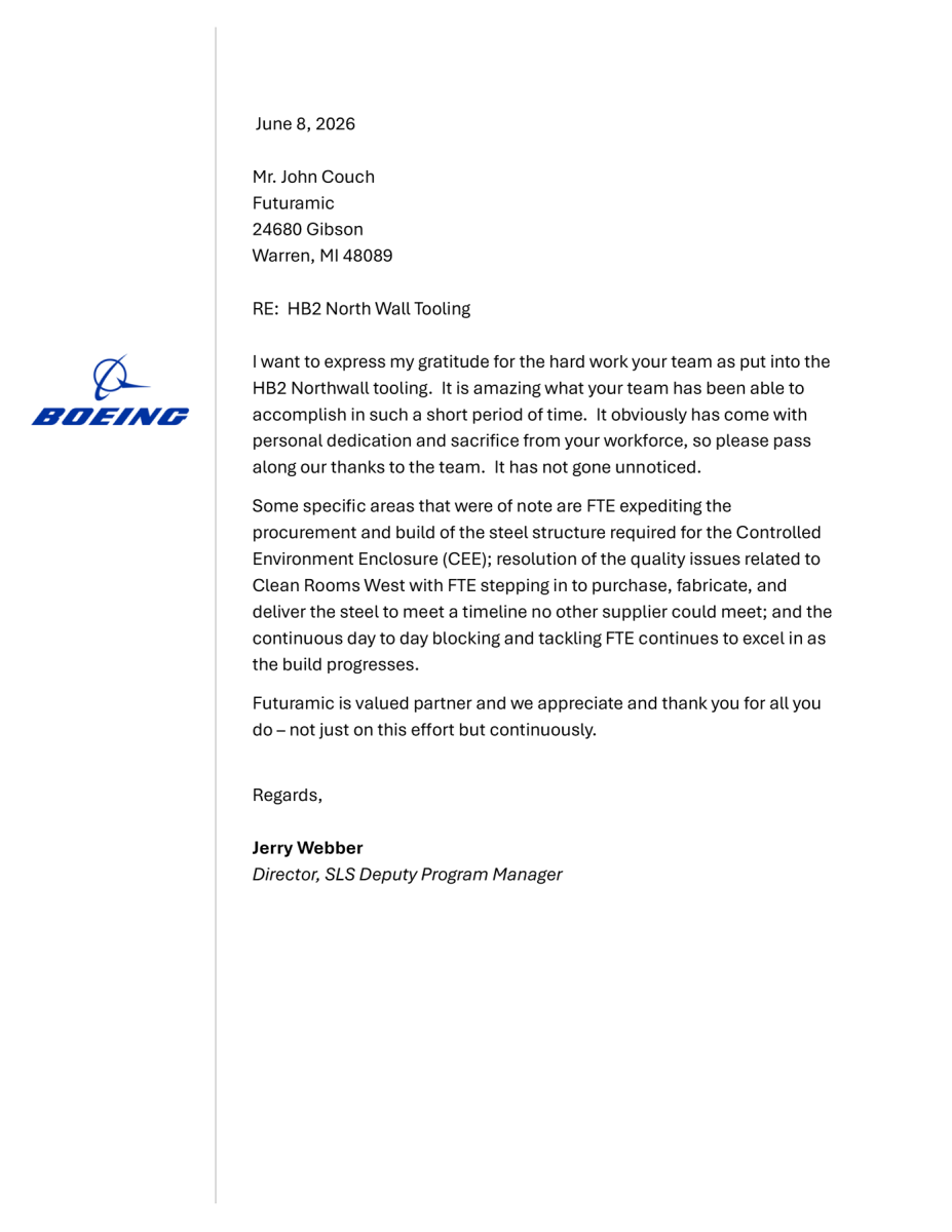 2026 Boeing HB2 North Wall Tooling Letter of Appreciation