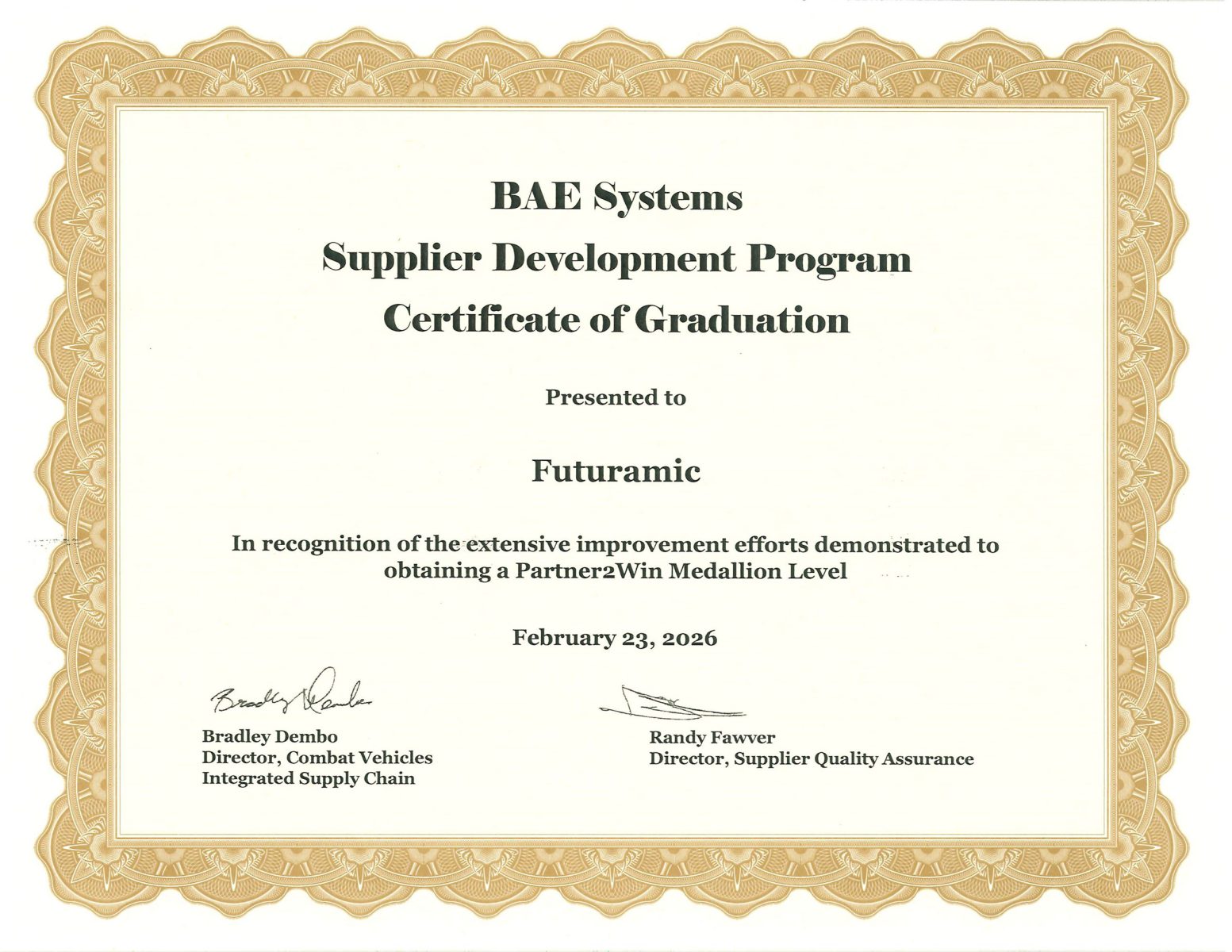 2026 BAE Supplier Development Program Certification - Partner2Win Medallion